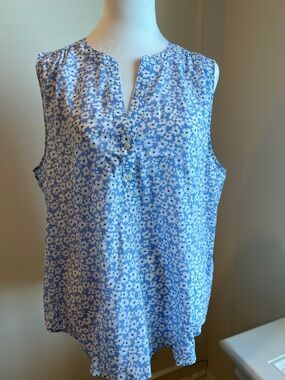 J. Crew Factory Blue and White Floral Sleeveless Henley Top